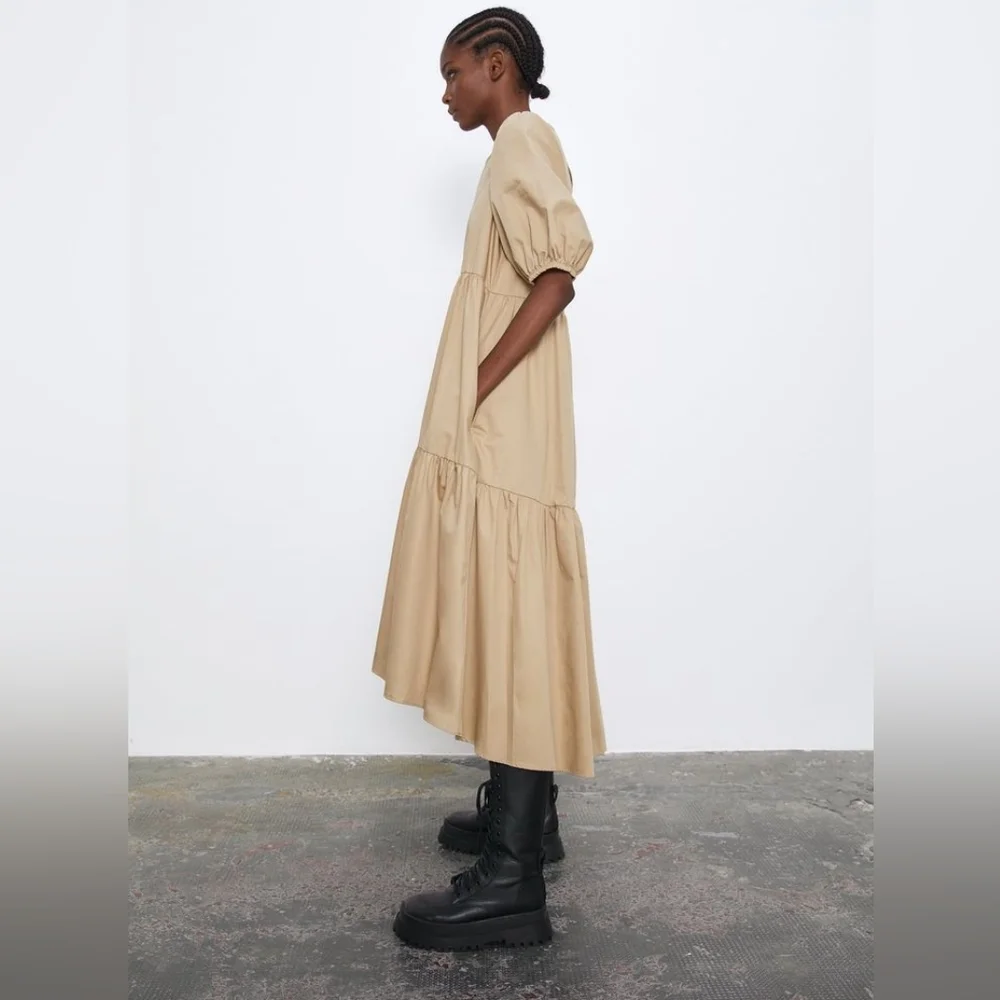 Zara Tan Cotton Puff Sleeves Tiered Maxi Dress. - Picture 3 of 11